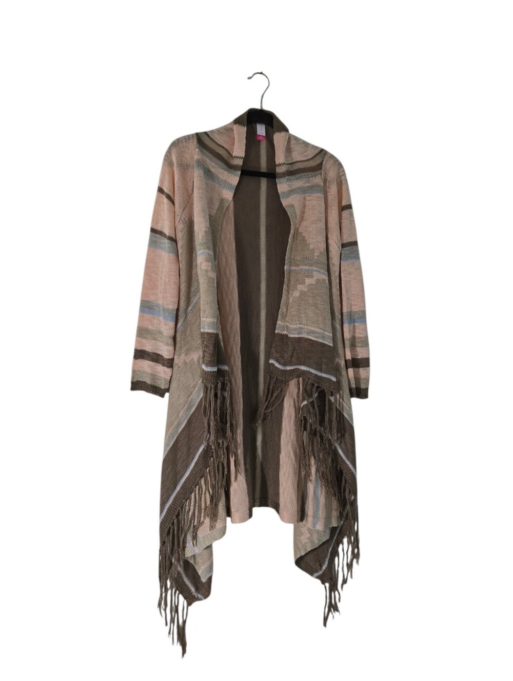 No Boundries Ladies /Junior Fringed Open Shrug Sz 11-13 Pink Brown Blue Stripe
